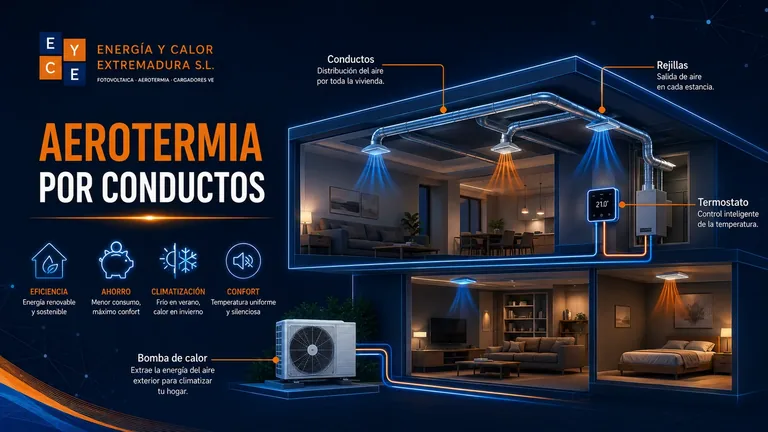 Infografía de aerotermia por conductos en una vivienda
