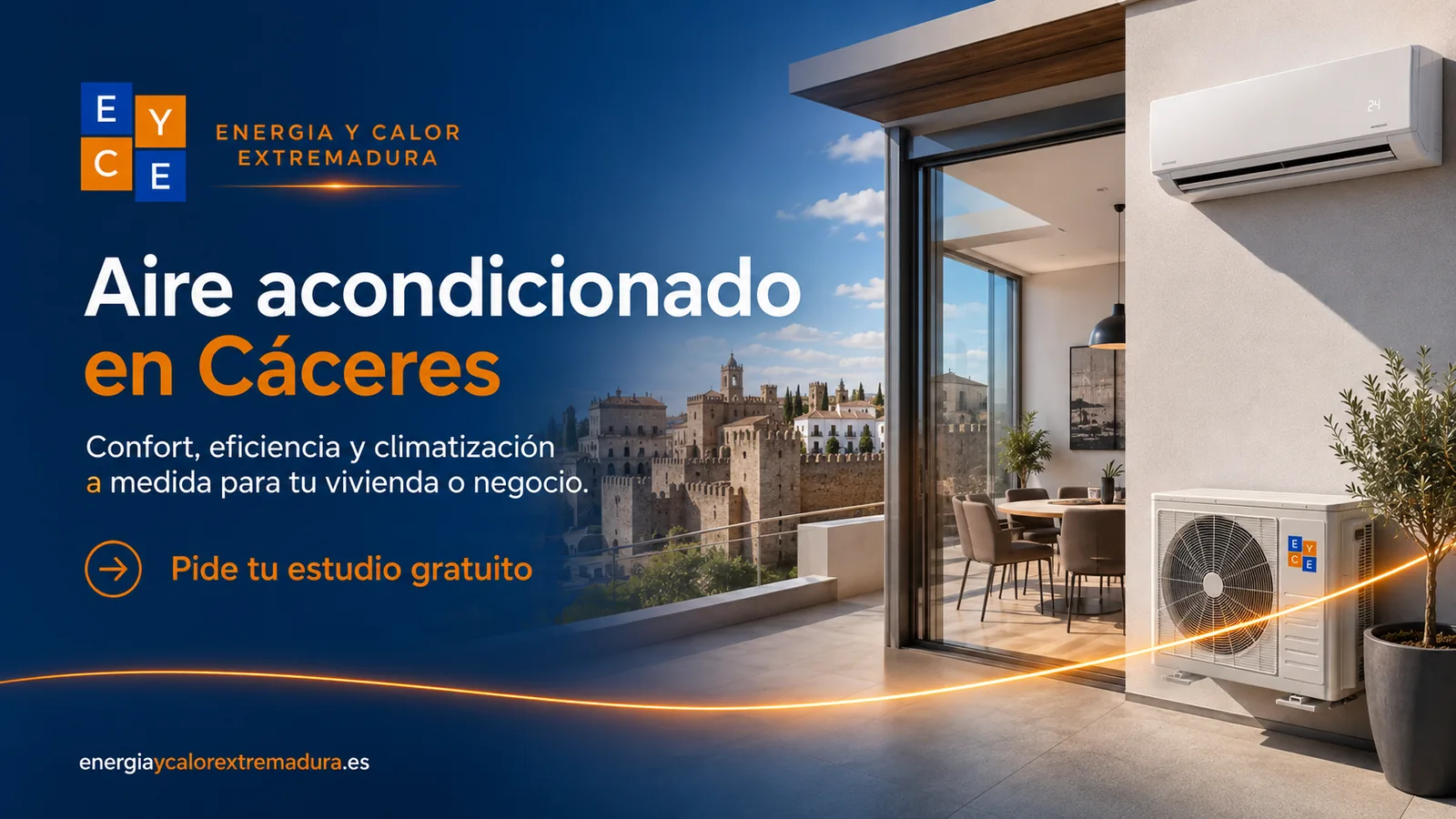 Aire acondicionado en Cáceres: unidad interior y exterior en una vivienda con la ciudad monumental al fondo — Energía y Calor Extremadura