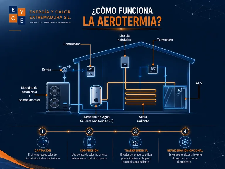 Infografía del funcionamiento de la aerotermia en una vivienda
